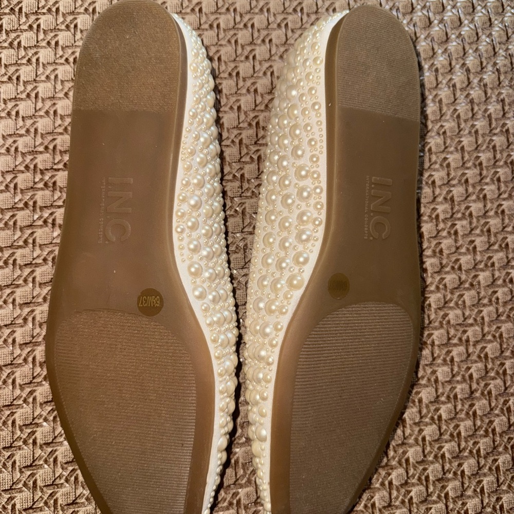 INC International Concepts Women's Pearl-Studded Cream Flats - Picture 2 of 3